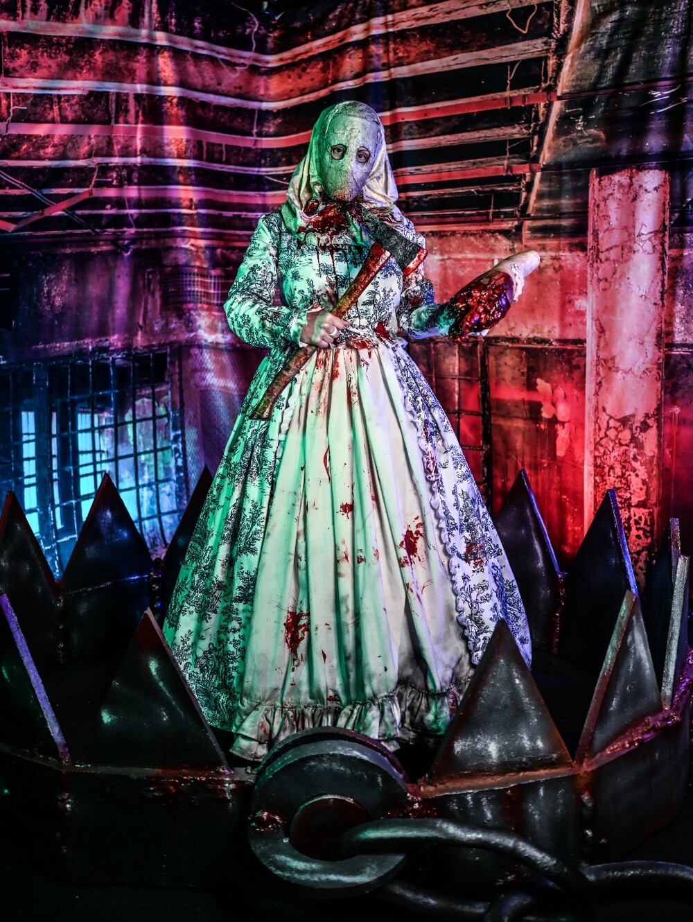 Blue Toile & Cream Blood-Splattered Victorian Gown with Mask - Guillotine Queen